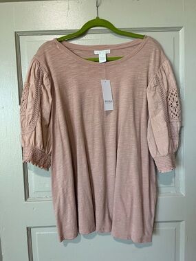 Design History Blush Pink Short Sleeve Tee with Crochet Puff Sleeves